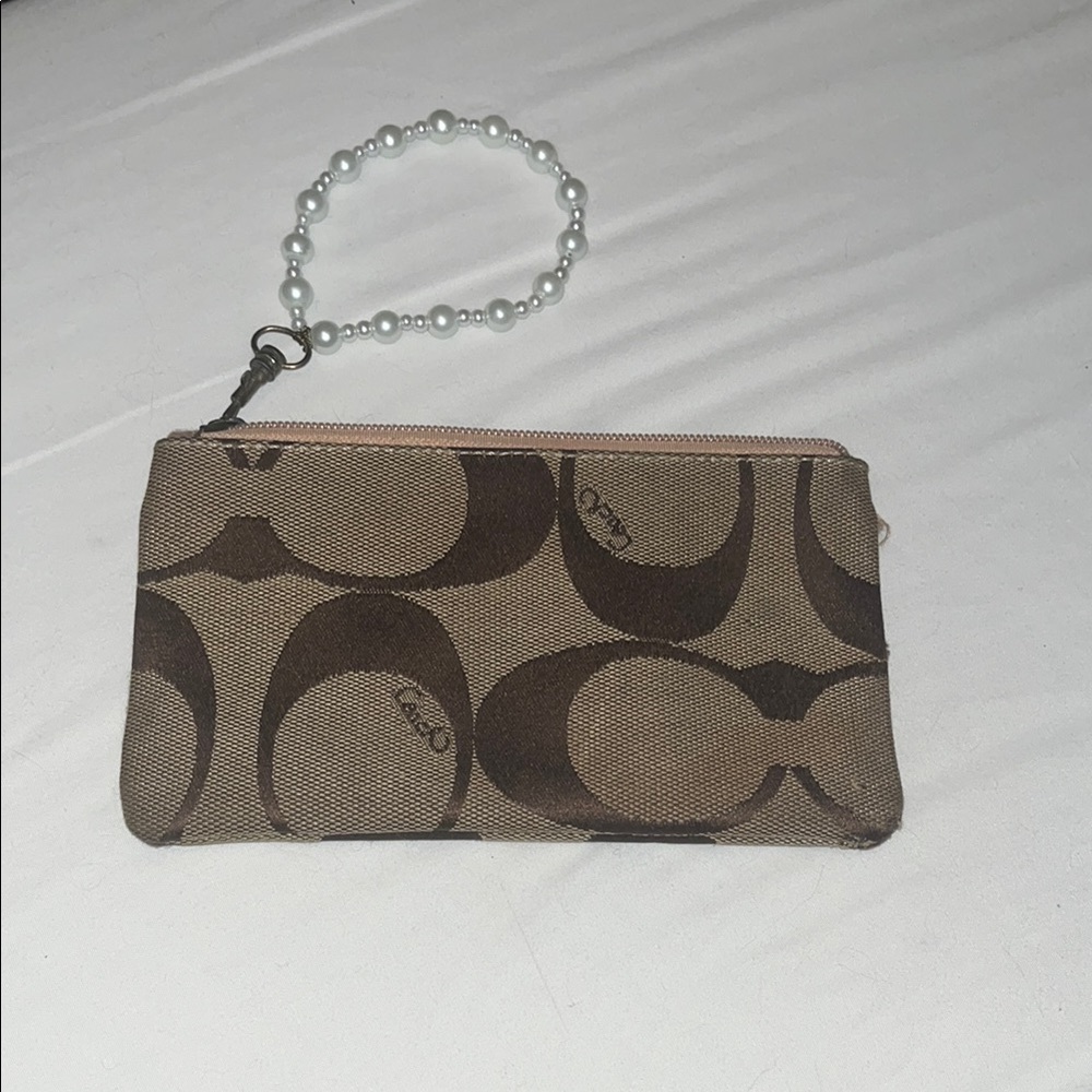 Brown and Tan Wristlet with Pearl Handle